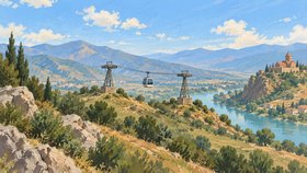 Рисованная обложка рубрики «Канатные дороги, фуникулёры и зиплайны» в Грузии.
