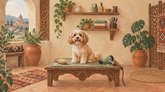 Иллюстрация салона ухода за животными: собака на столе, расчёска, ножницы, фен и средства ухода.