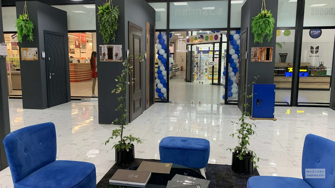 Интерьер салона с современными дверями и мебелью