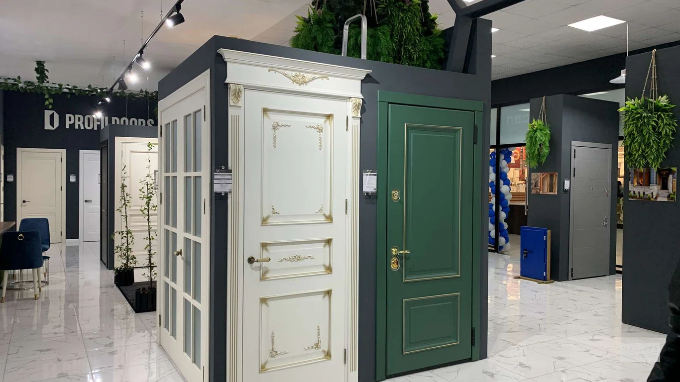 Зелёная дверь с золотой фурнитурой и строгим дизайном
