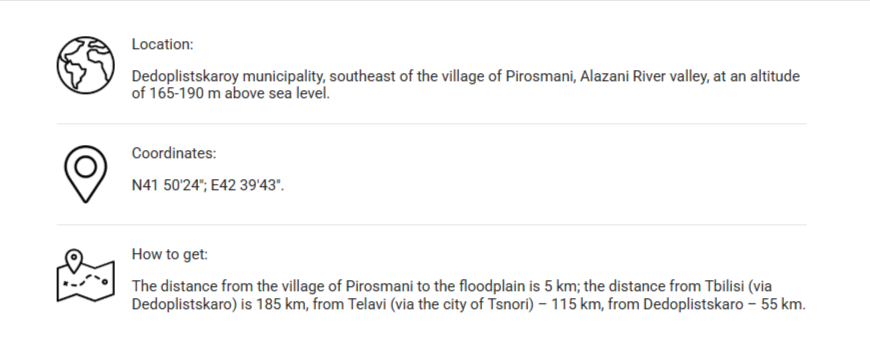 Distances to the Alazani Floodplain from Pirosmani, Tbilisi, Telavi, and Dedoplistskaro with route guidance information.