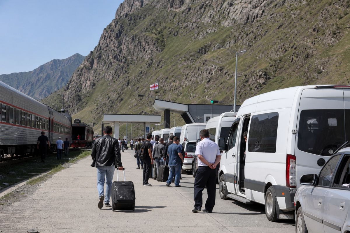 Sadakhlo border crossing between Georgia and Armenia, with vehicles and transport along the route.