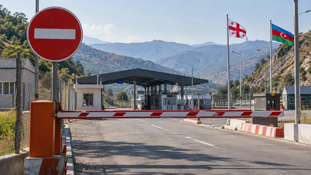 Closed Georgia–Azerbaijan border checkpoint with a road barrier and mountain landscape.