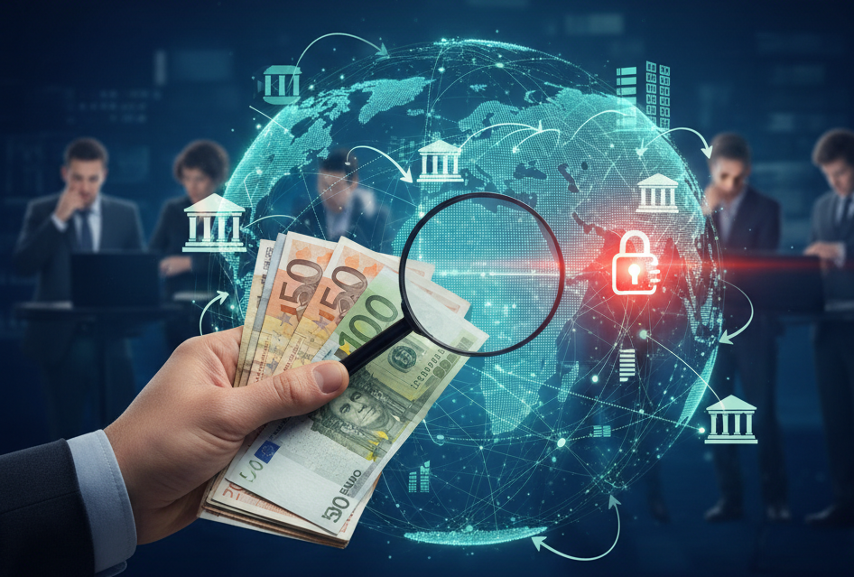 a hand holds cash under a magnifying glass against a global banking network graphic, illustrating the compliance checks behind international transfers to Georgia.
