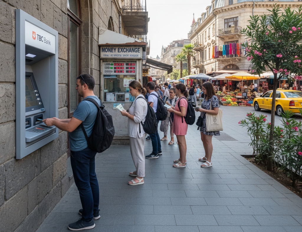 Travelers line up to withdraw cash and exchange currency at a TBC Bank ATM on a lively Tbilisi market street.