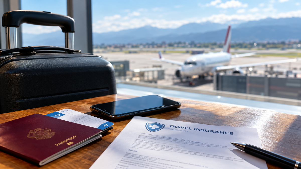 A passport, boarding pass and travel insurance form sit ready on an airport table beside a suitcase, with a plane visible on the tarmac.