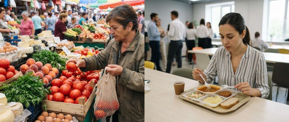 A woman buys fresh tomatoes and peaches at an open-air market on the left, while another eats a set cafeteria lunch tray indoors on the right, showing where grocery money goes further.