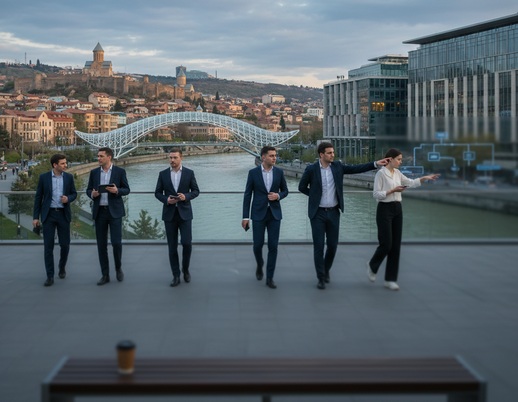 Office workers in business attire walk along the riverside embankment near the Bridge of Peace and Old Tbilisi, with tech-industry graphics overlaid on the modern glass buildings behind them.