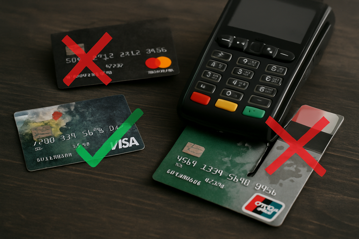 A payment terminal beside a rejected card and an approved Visa illustrates which bank cards work in Georgia and which don't.