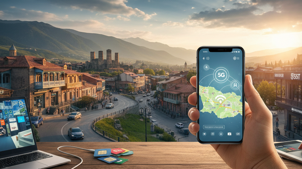 A hand holds up a 5G coverage map on a phone beside a spread of local SIM cards, with Mestia's Svan towers glowing at sunset in the background.