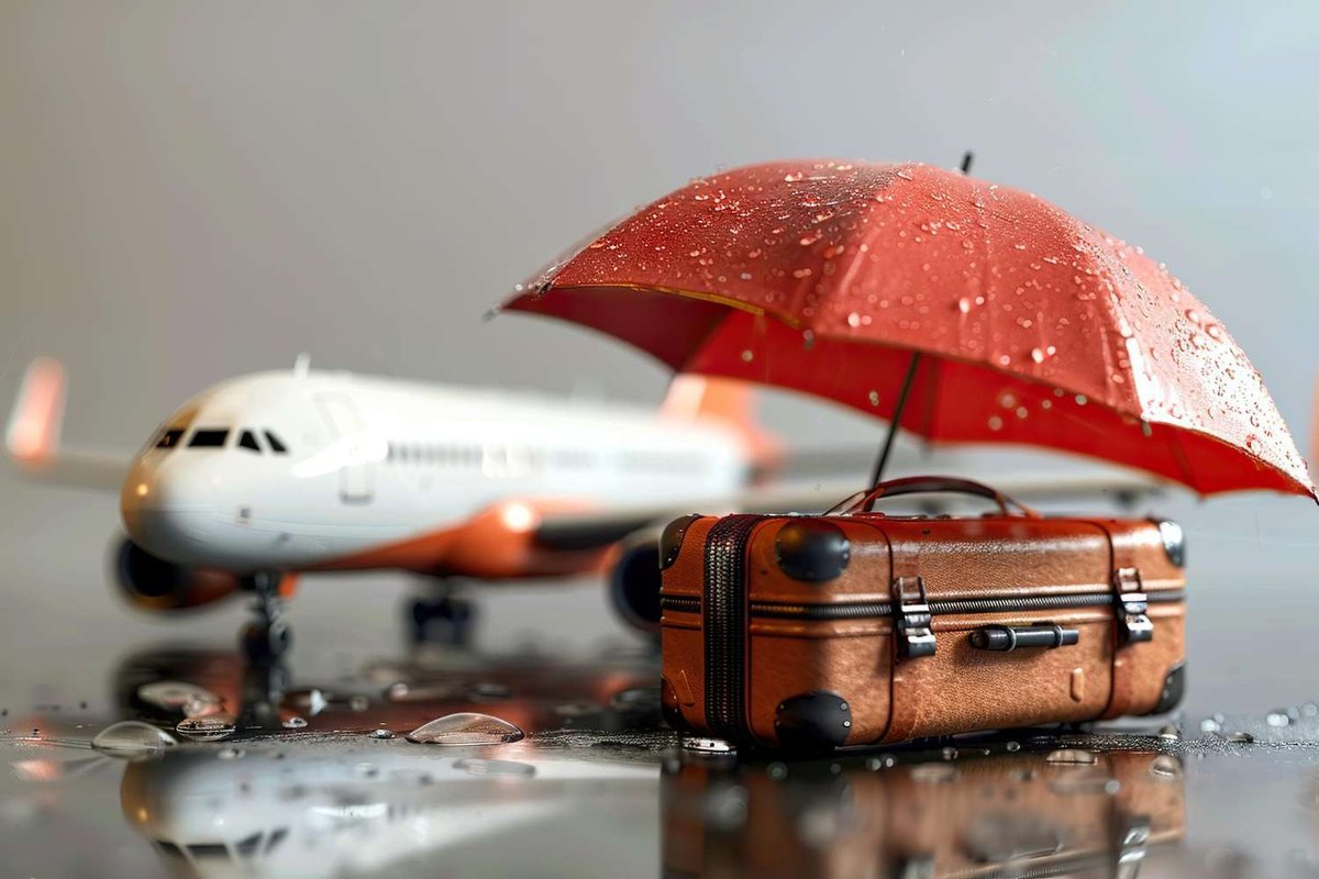 A toy airplane and suitcase sit beneath a red umbrella in the rain, symbolizing travel insurance coverage for unexpected trip disruptions.