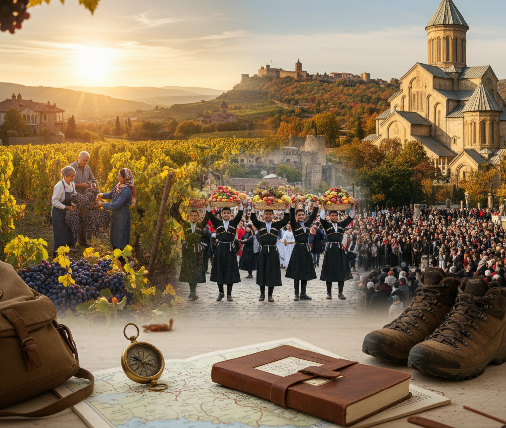 a map, compass, journal and hiking boots frame a montage of vineyard harvesting and a folk costume procession before Tbilisi's old fortress and Sameba Cathedral.