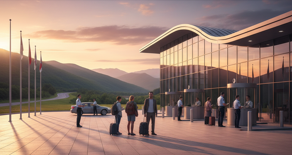 Travelers with luggage pass through a modern glass checkpoint as mountain sunset light streams across the entry plaza, illustrating Georgia's visa-free border rules.