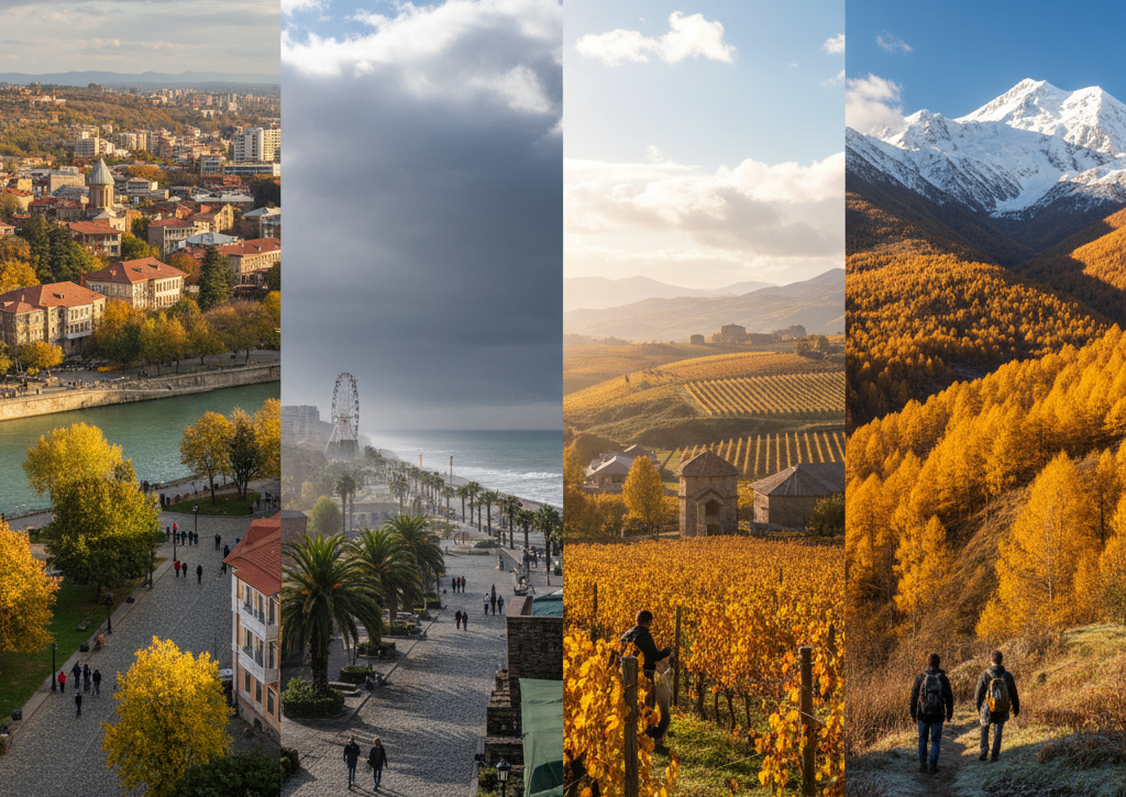 four-panel split shows autumn across Georgia, from Tbilisi's golden riverside and Batumi's cloudy boardwalk to Kakheti's vineyards and hikers beneath snow-capped mountains.