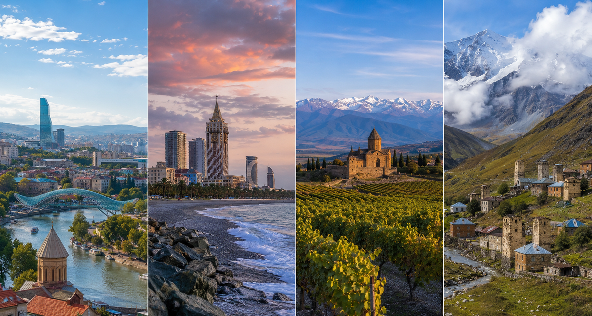 A scenic view of Georgia’s contrasting September landscapes, from city and coastline to vineyards and high mountain valleys.