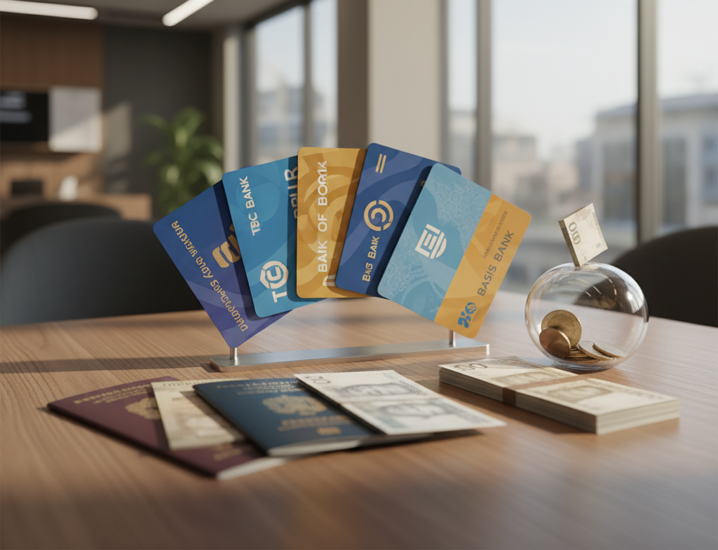 A short caption: a fanned display of TBC, Bank of Georgia and Basis Bank cards sits beside passports and cash, illustrating what's needed to open an account.