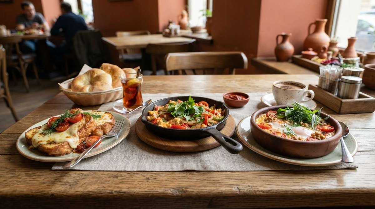 Toast with melted cheese and tomatoes, a skillet of chizhi-bizhi, and a clay bowl of chirbuli, served with tea, coffee, and bread.