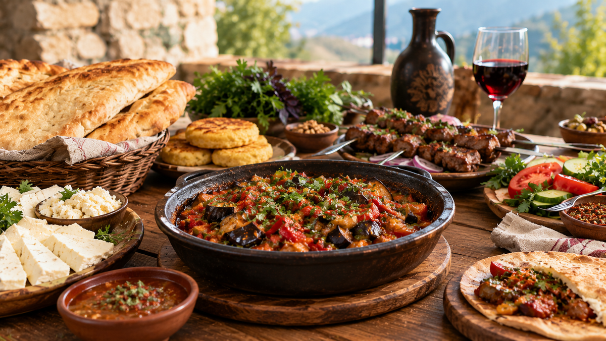 A wooden table holds a dish of ajapsandali, skewered grilled meat, shoti bread, cheese, and a glass of red wine with mountain views in the background.