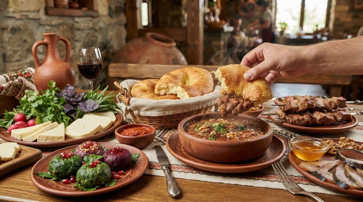 A hand dips bread into a steaming clay pot of bean lobio, surrounded by plates of cheese, pkhali, grilled skewers, smoked fish, and a glass of red wine.