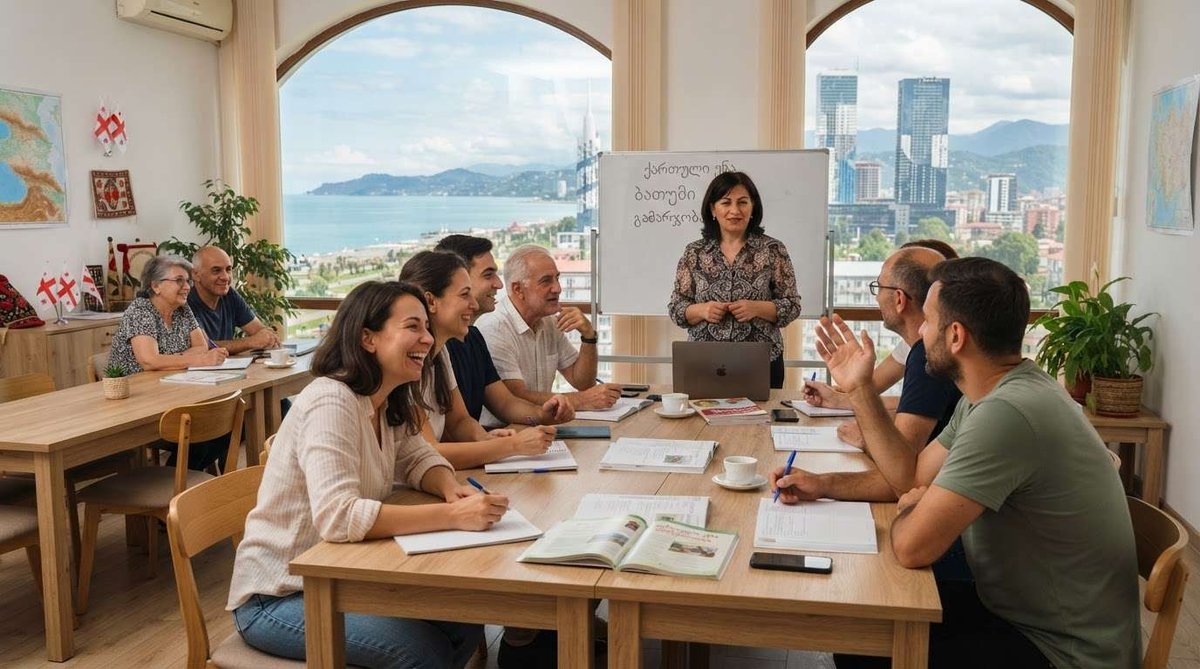 A teacher leading a group lesson at a whiteboard, with students taking notes at tables overlooking the Batumi coastline and skyline.