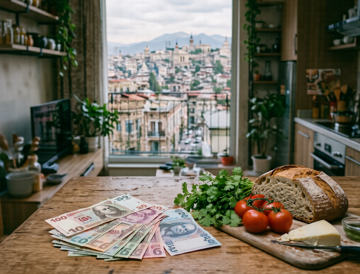 Lari banknotes fanned out on a kitchen counter beside tomatoes, cilantro, fresh bread, and cheese, with Tbilisi's old town visible through the window.