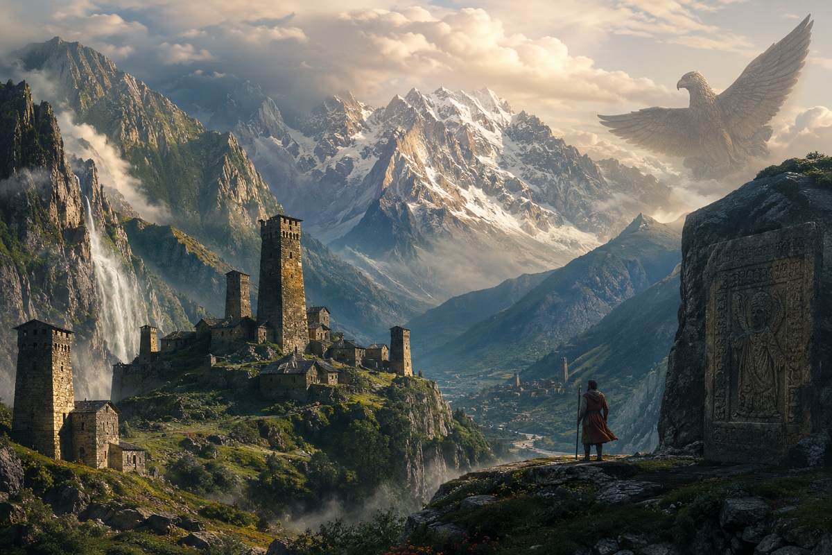 Panoramic fantasy landscape inspired by Georgian mythology, featuring the Caucasus Mountains, ancient stone towers, misty valleys, and a timeless atmosphere of folklore and legend.