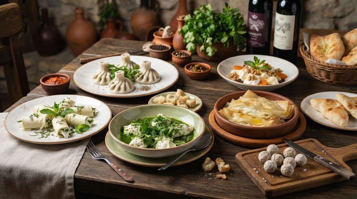 A rustic table holds plated khinkali dumplings, sulguni cheese rolls with mint, a bowl of fresh cheese in herb sauce, layered filo pastry, cheese balls, bread, and two bottles of wine.