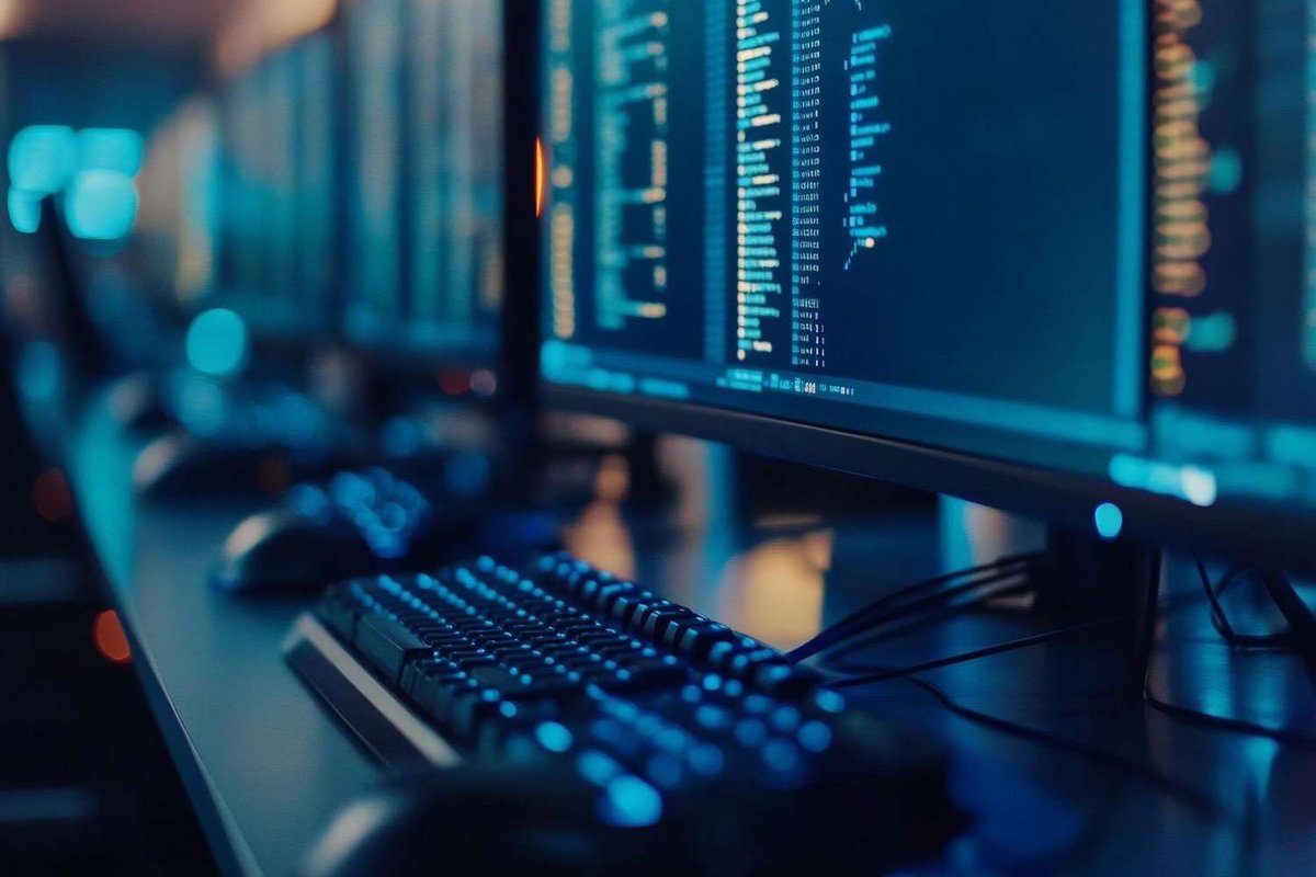 A backlit keyboard and monitor displaying glowing code in a dim computer lab — illustrating a checklist for choosing an IT school in Tbilisi, Georgia.