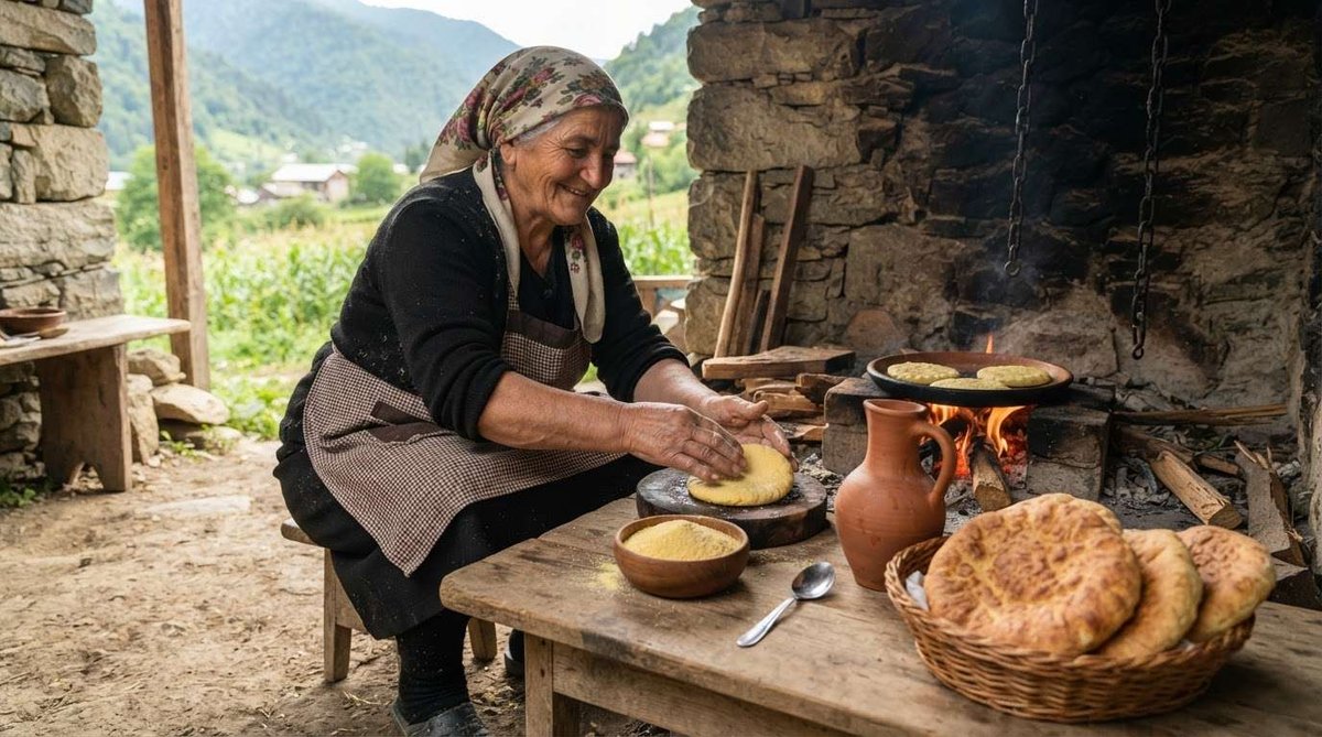 An older woman in a headscarf and apron shapes cornbread dough at a wooden table while flatbreads cook over an open fire in a stone hearth.