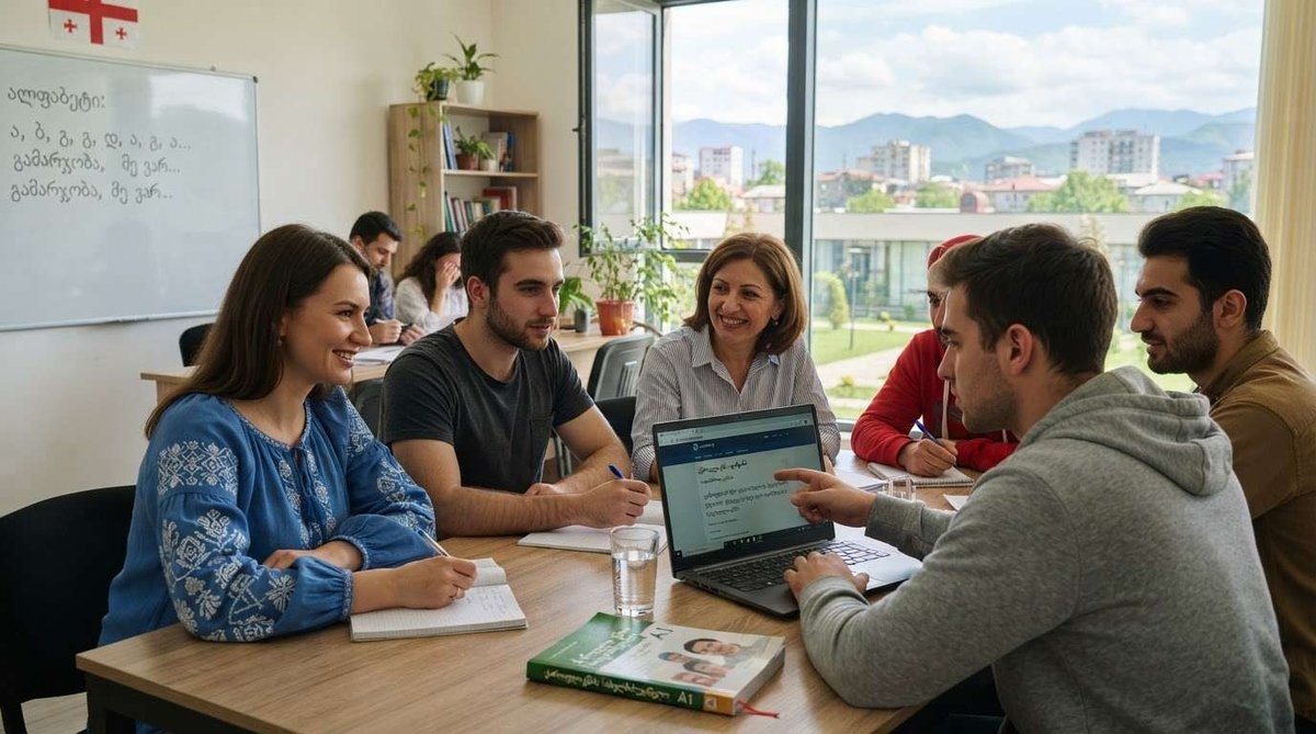 Students and a teacher gathered around a laptop and textbook during a Georgian language lesson, with alphabet notes on the whiteboard and a city view outside.