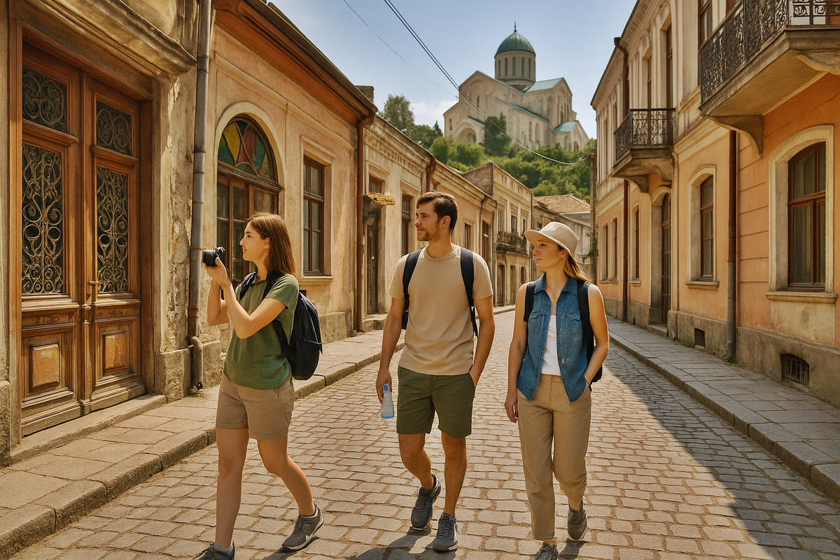 Группа туристов гуляет по Кутаиси