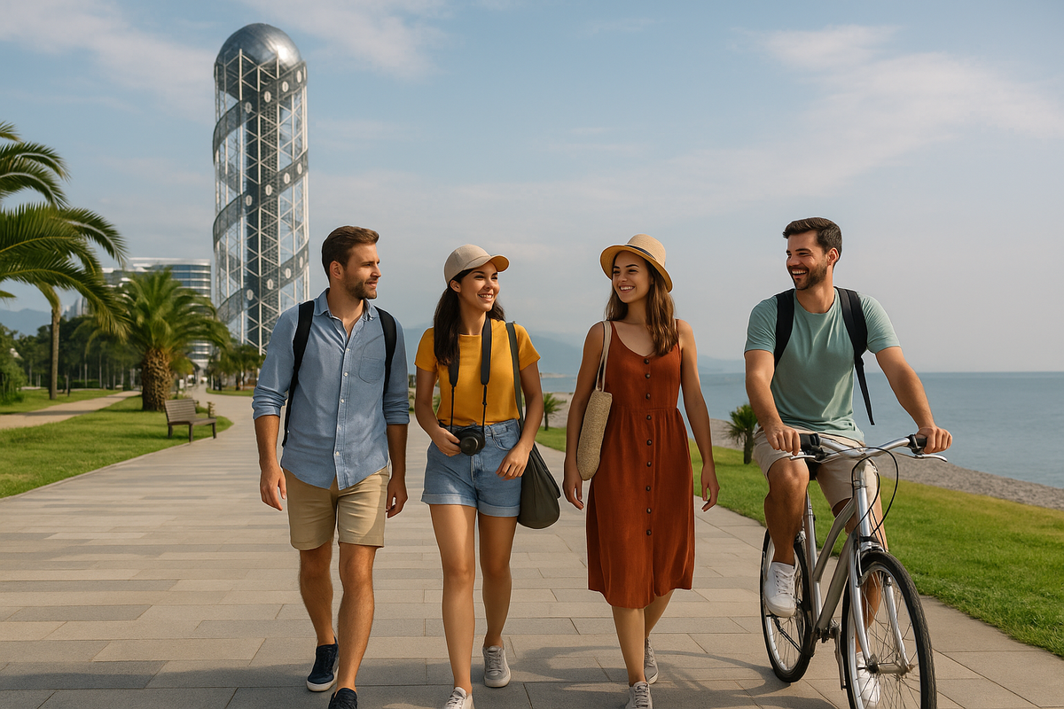 Группа туристов гуляет по набережной