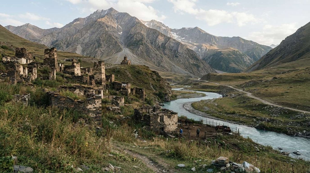 Explore the abandoned stone village of Gveleti, where medieval tower houses, mountain landscapes and the Terek River preserve the spirit of Georgia's highlands.