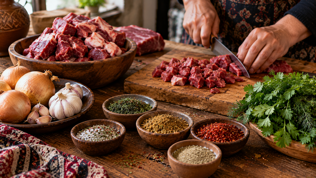 A person dices raw meat into cubes on a wooden board, surrounded by bowls of garlic, onions, herbs, and ground spices used for traditional Svan kubdari filling.