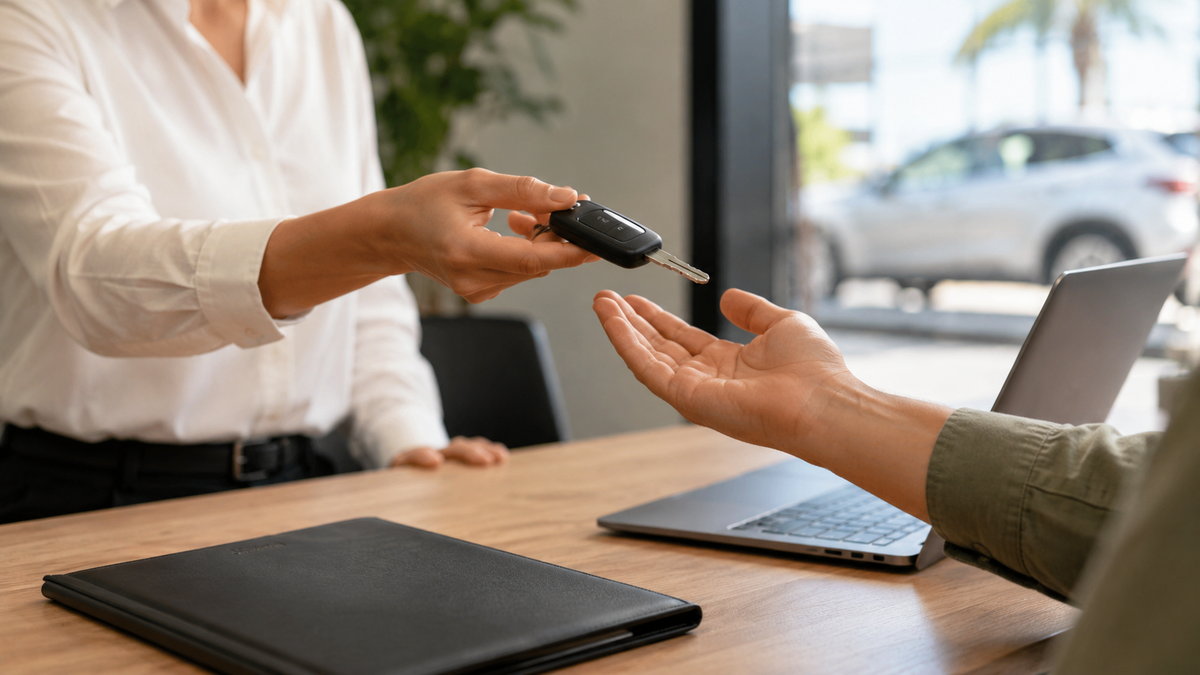 Handing over car keys at a rental office in Batumi.