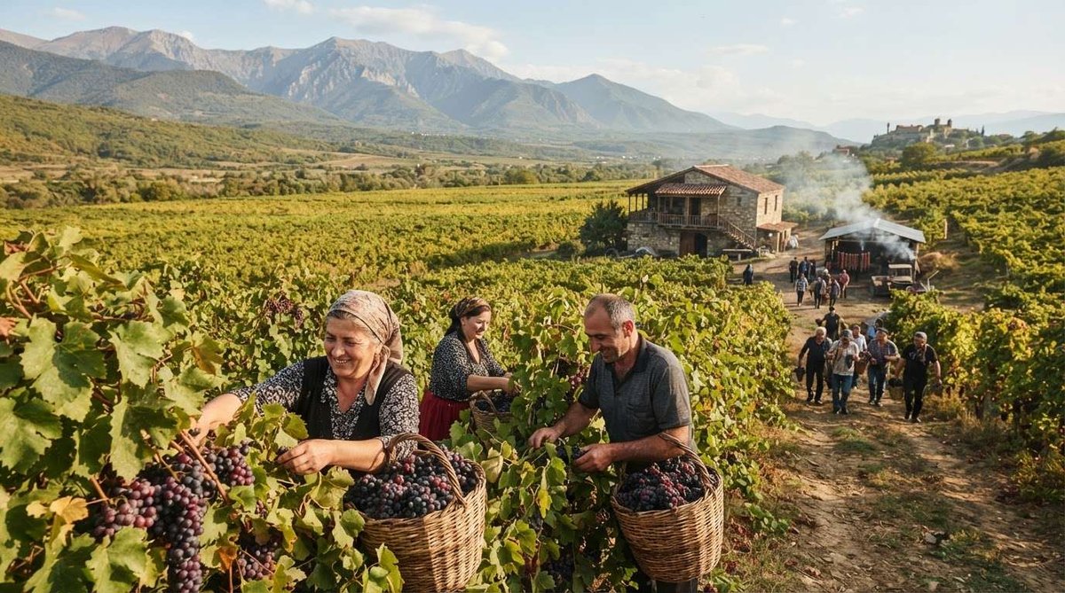 Workers picking dark grapes into wicker baskets in a vineyard, with a stone marani, smoke from a chacha still, and the Caucasus mountains in the background.