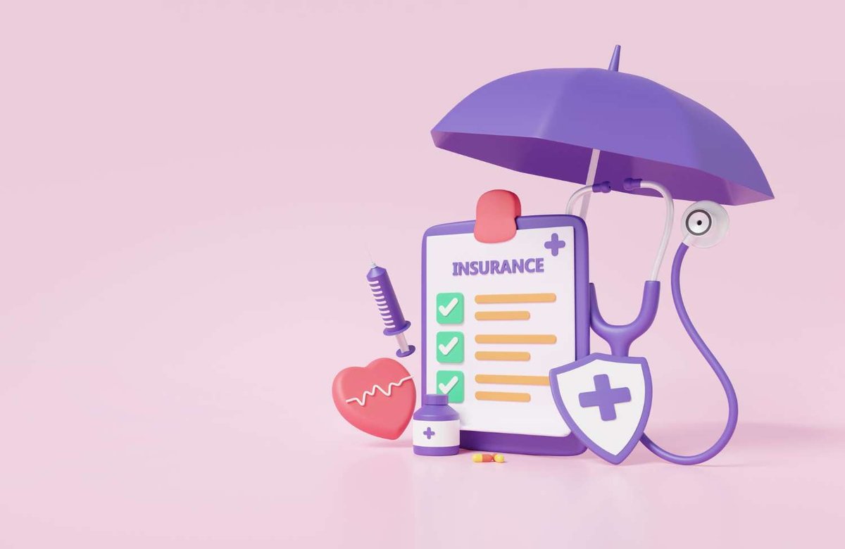 An illustrated insurance clipboard with a heart monitor, medicine and stethoscope under a protective umbrella represents overall health coverage.