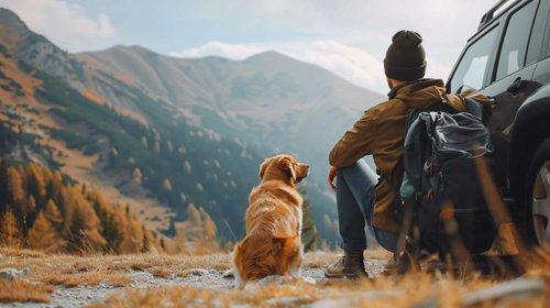 A man and his dog resting beside a parked SUV, overlooking forested autumn mountains — illustrating hiking with a dog outside national parks in Georgia.