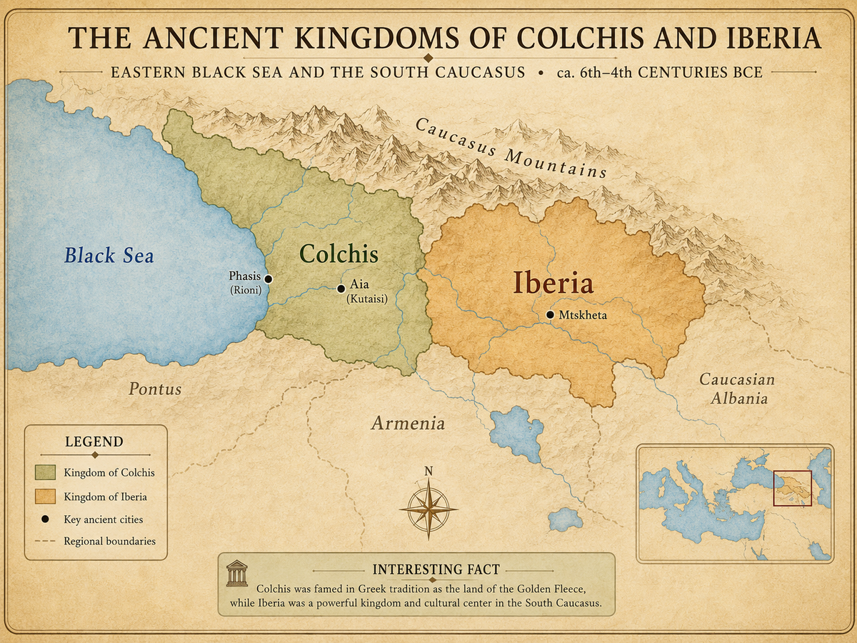 Historical map showing the ancient kingdoms of Colchis and Iberia in the South Caucasus, with the Black Sea, Caucasus Mountains, Phasis River, Mtskheta, Aia, and neighboring regions marked in English.