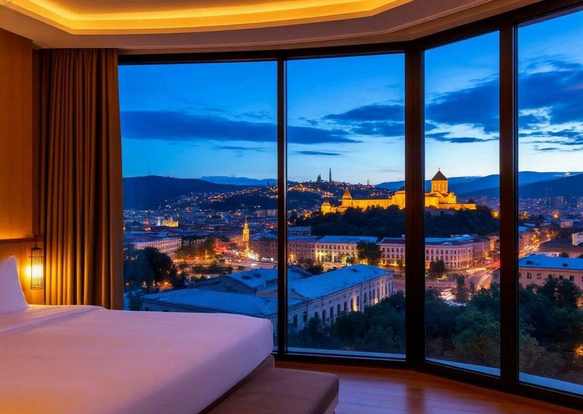 a modern, cozy hotel room with large panoramic windows