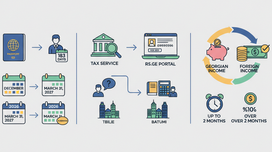 An infographic showing the 183-day rule, registration steps for the RS.ge portal, and penalty rates for late filing.