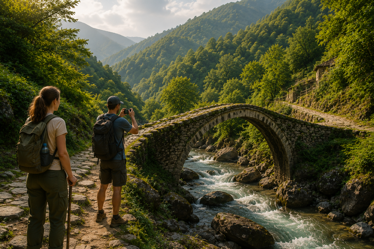 Travelers explore a historic stone bridge in the mountains of Adjara, where rivers, villages and old routes reveal a different side of the region beyond the coast.