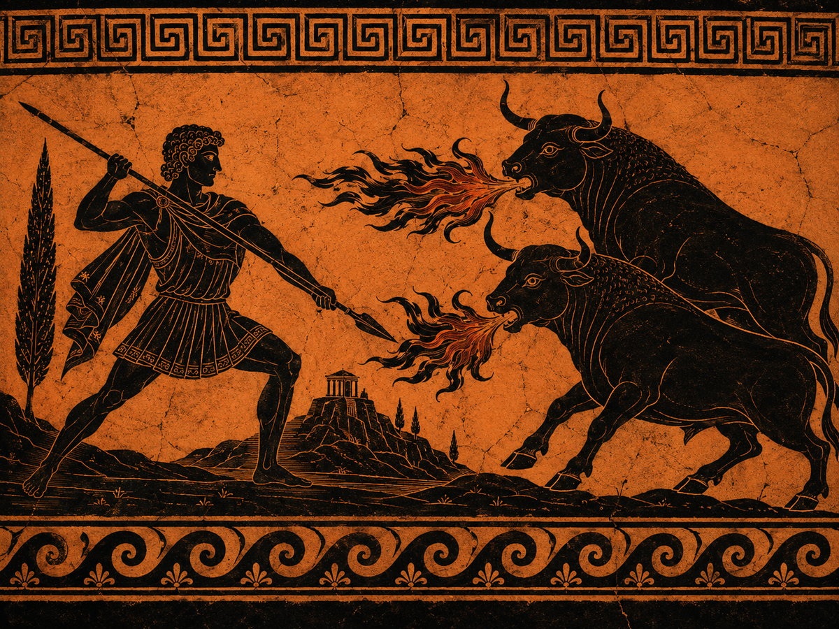 Ancient Greek vase-style illustration of Jason confronting two fire-breathing bulls during his trials in Colchis, with classical ornamental borders and mythological engraving details.