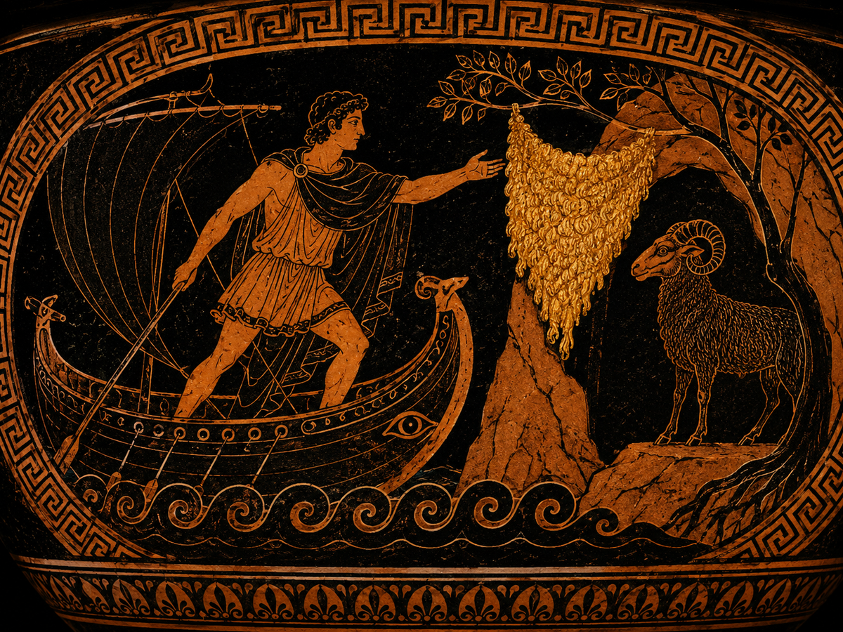 Ancient Greek vase-style illustration showing Jason reaching toward the Golden Fleece, with a golden ram and the Argo ship in a mythological scene.