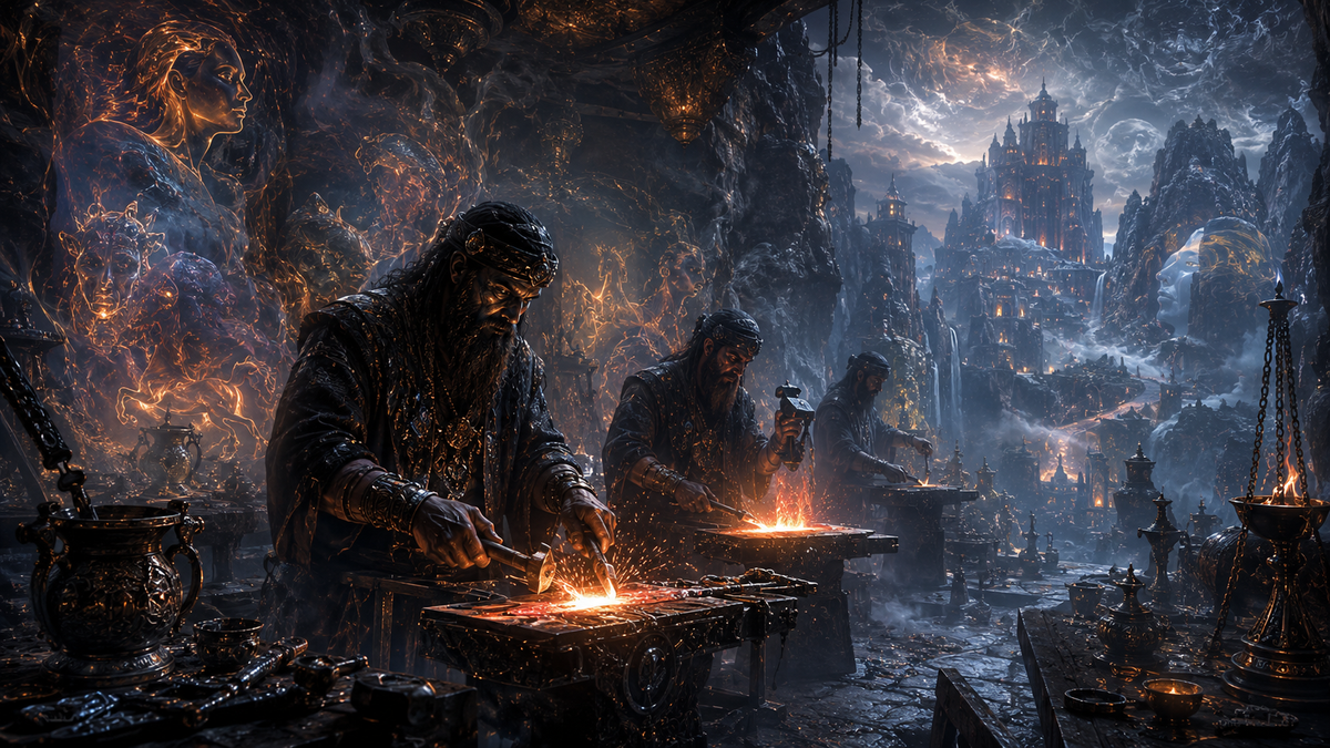 Atmospheric fantasy illustration of Kaji, supernatural sorcerer-smiths from Georgian folklore, forging magical objects in a mystical cave workshop with glowing metal, illusion-like spirits, ancient vessels, and the enchanted kingdom of Kajeti in the mount