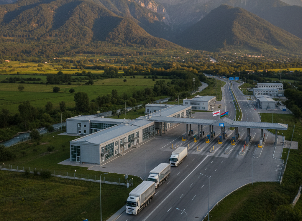 Road to the Lagodekhi border crossing between Georgia and Azerbaijan, surrounded by the Caucasus foothills.