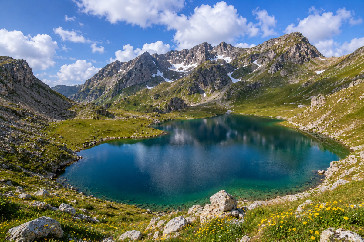 Discover the crystal-clear alpine lakes of the Lechkhumi Range, surrounded by rugged peaks and untouched mountain landscapes.