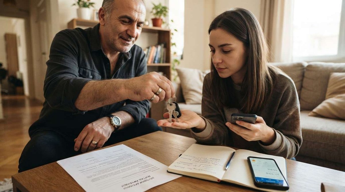 A man handing apartment keys to a woman across a coffee table with a rental agreement, notebook, pen, and phone.