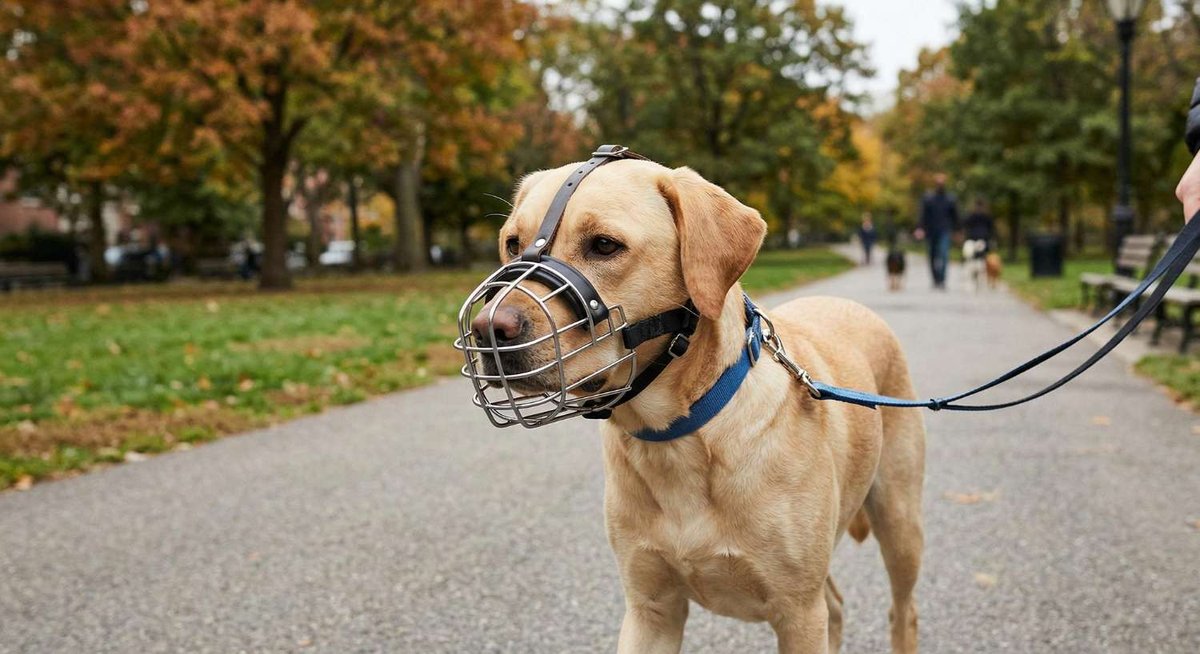 A yellow Labrador wearing a wire muzzle and leash walking along a path lined with autumn trees, with other dog walkers in the background — illustrating leash and muzzle rules for dogs in Tbilisi, Georgia.