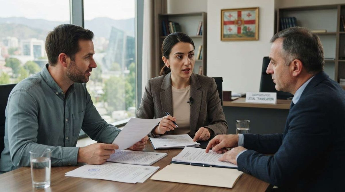 legal translator explains a notarized document between two men in a Tbilisi office, with the Georgian flag on the wall and the city skyline behind them.